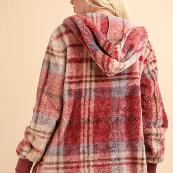 VERY J Fuzzy Plaid Long Sleeve Hooded Jacket - Picture 4 of 7